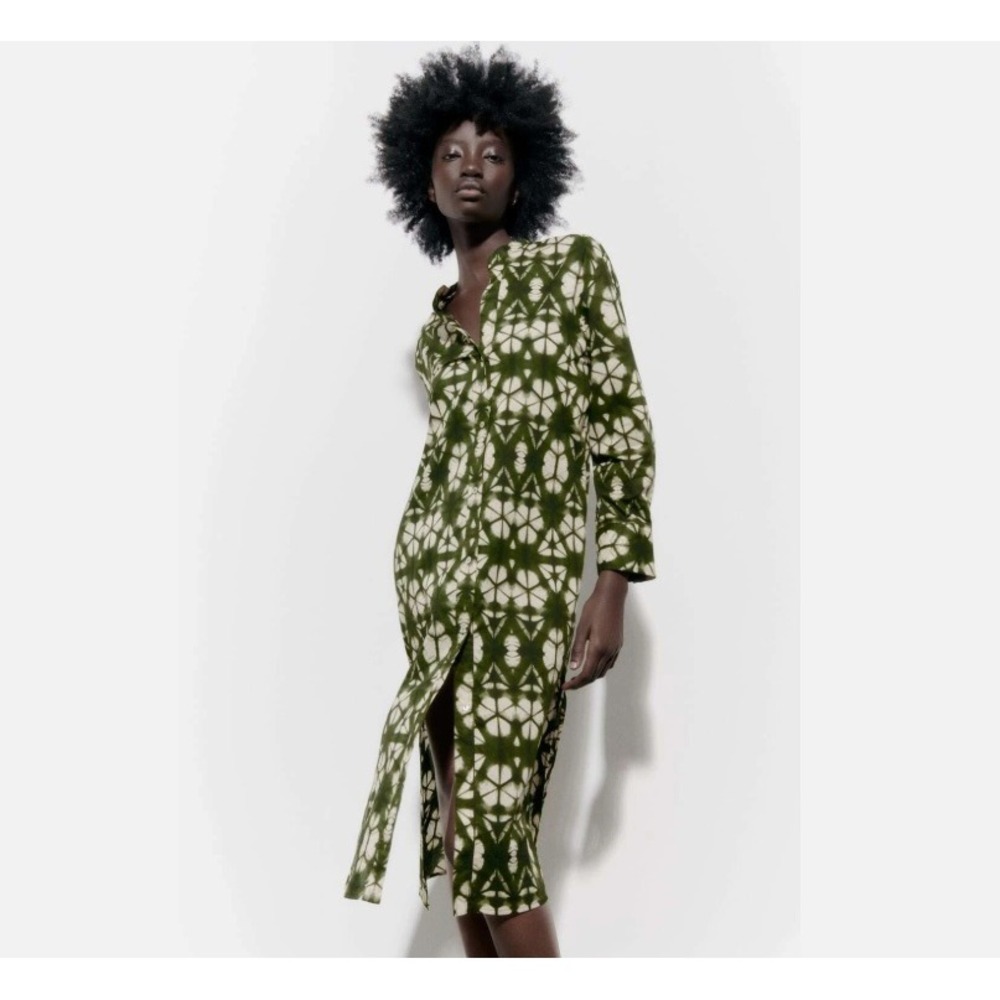 Zara Tie Dye Printed Midi Shirt Dress Long Sleeve Side Slit Green Medium‎